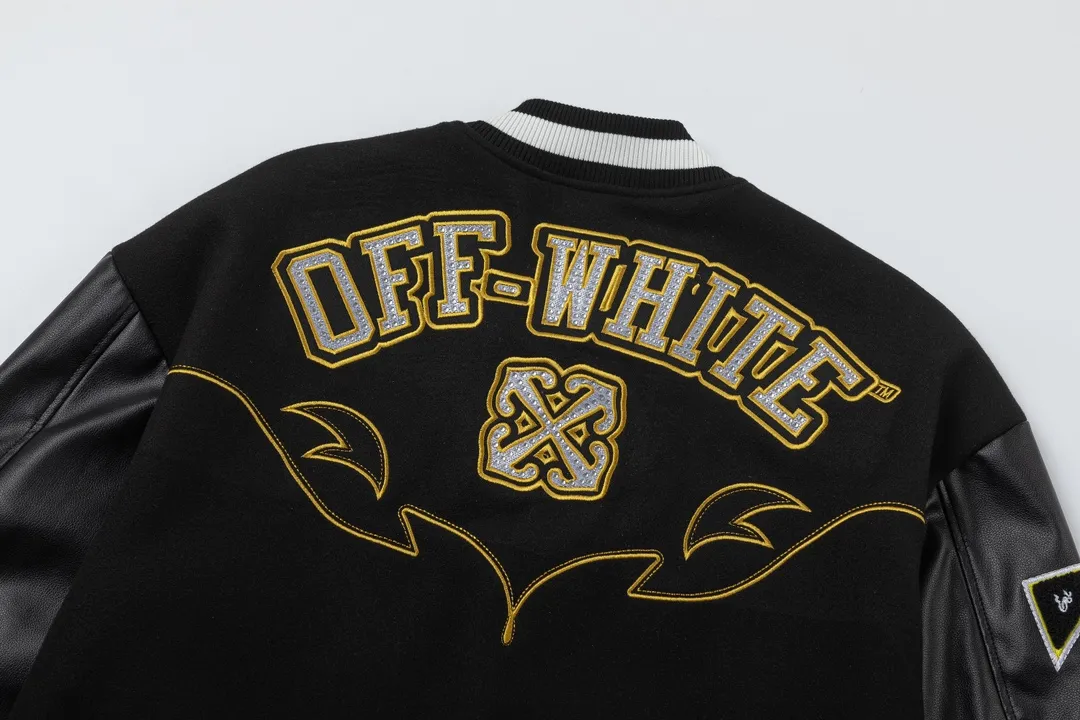 S29#P676, off white 2024 autumn and winter new style heavy industry embroidery hot diamond stitched leather baseball jacket couple style color black size: S M L XL